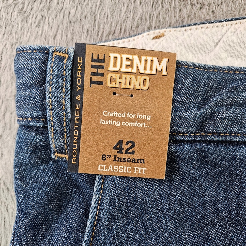 Roundtree & Yorke Mens Denim Chino Shorts 42 Blue 8 Inch Inseam Classic Fit NEW